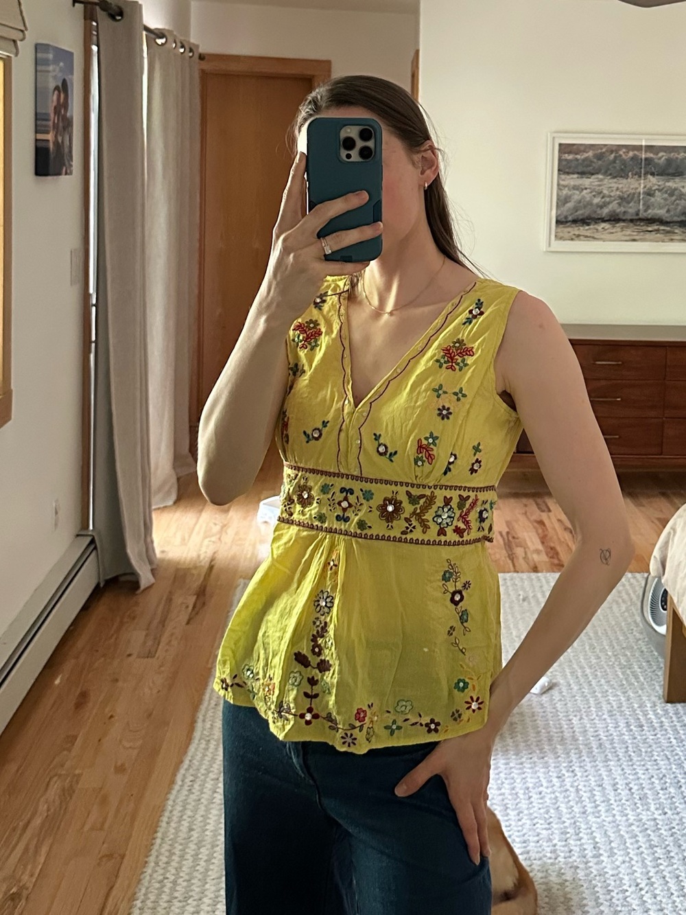 JohnPaulRichard Yellow Embroidered V-Neck Top